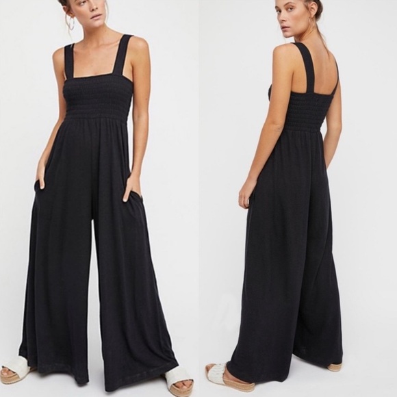 Free People Beach Homecoming Jumpsuit Smocked Linen Wide Leg Gray Size XS Boho - Picture 1 of 9